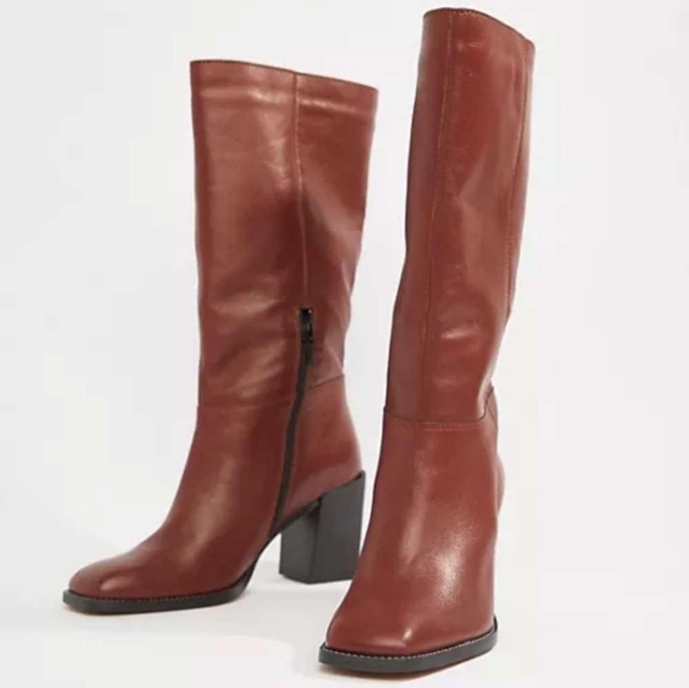 Asos Clara leather made in Italy mid calf block heel square boot free people dup